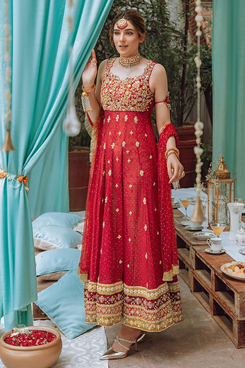 Pakistani Red Embroidered Khaddi Net Pishwas (3-Piece) - Image 1