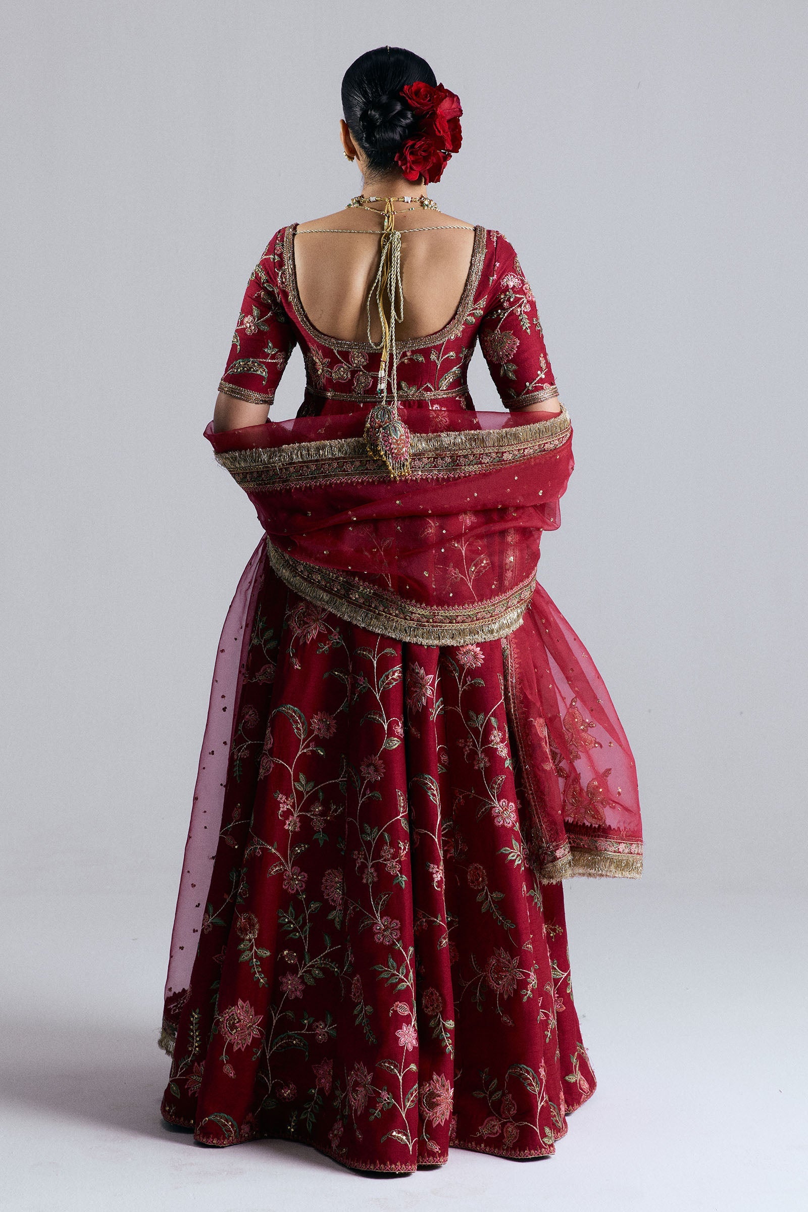 Deep Red Embroidered Korean Raw Silk Pishwas (3-Piece) - Image 2