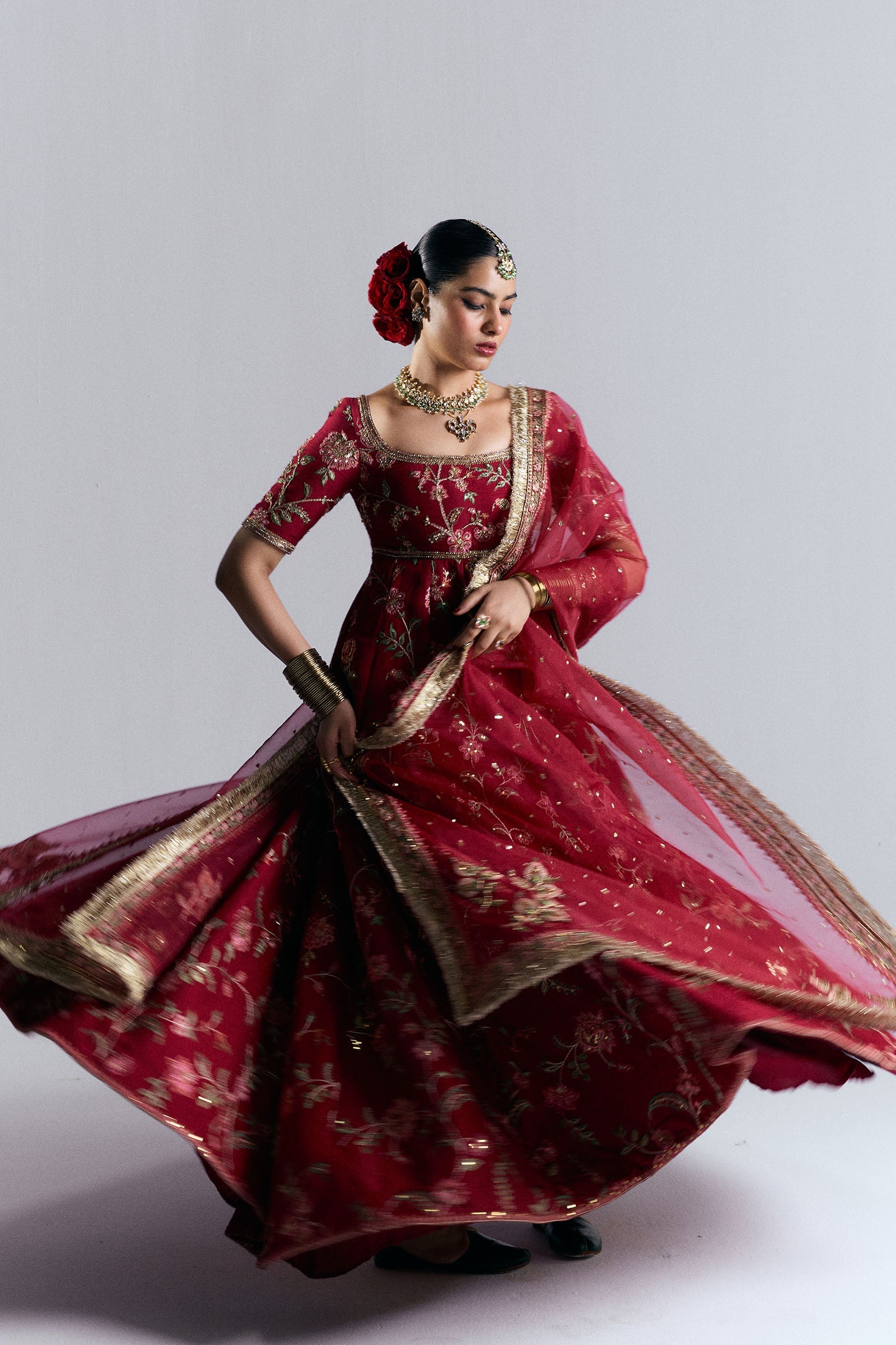 Deep Red Embroidered Korean Raw Silk Pishwas (3-Piece) - Image 3