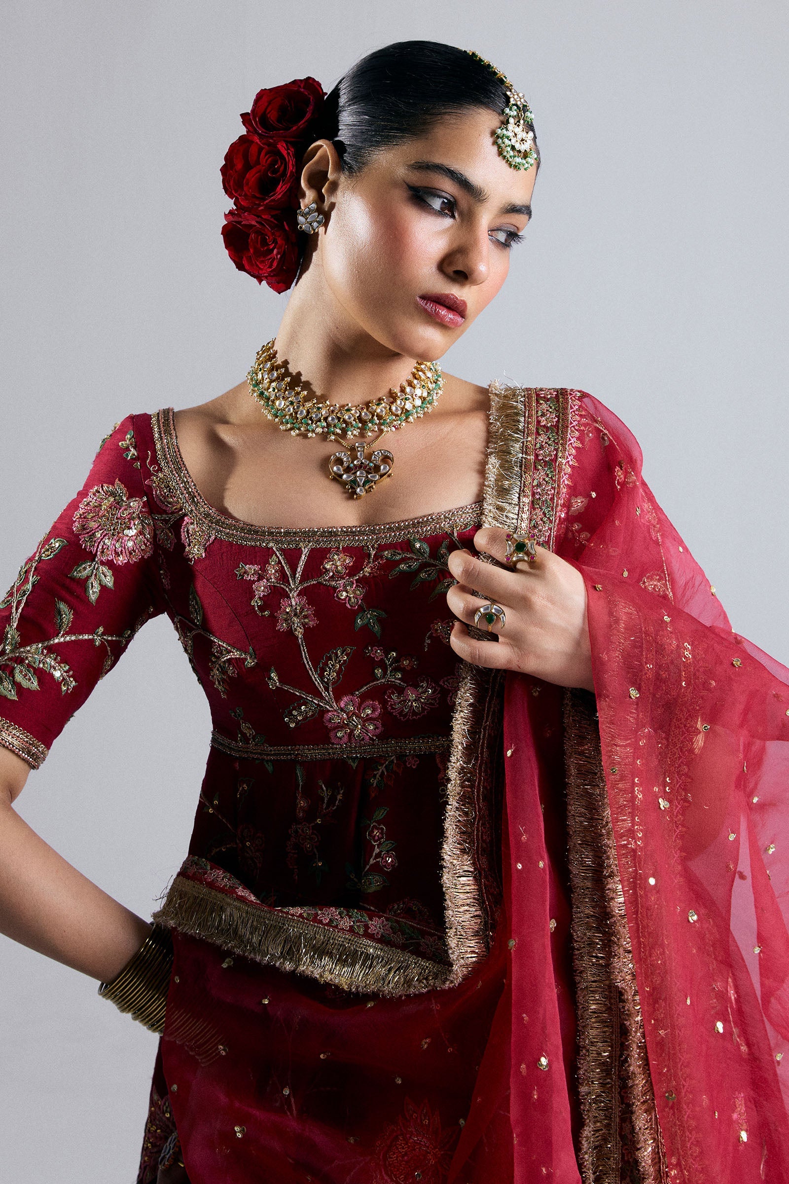 Deep Red Embroidered Korean Raw Silk Pishwas (3-Piece) - Image 4