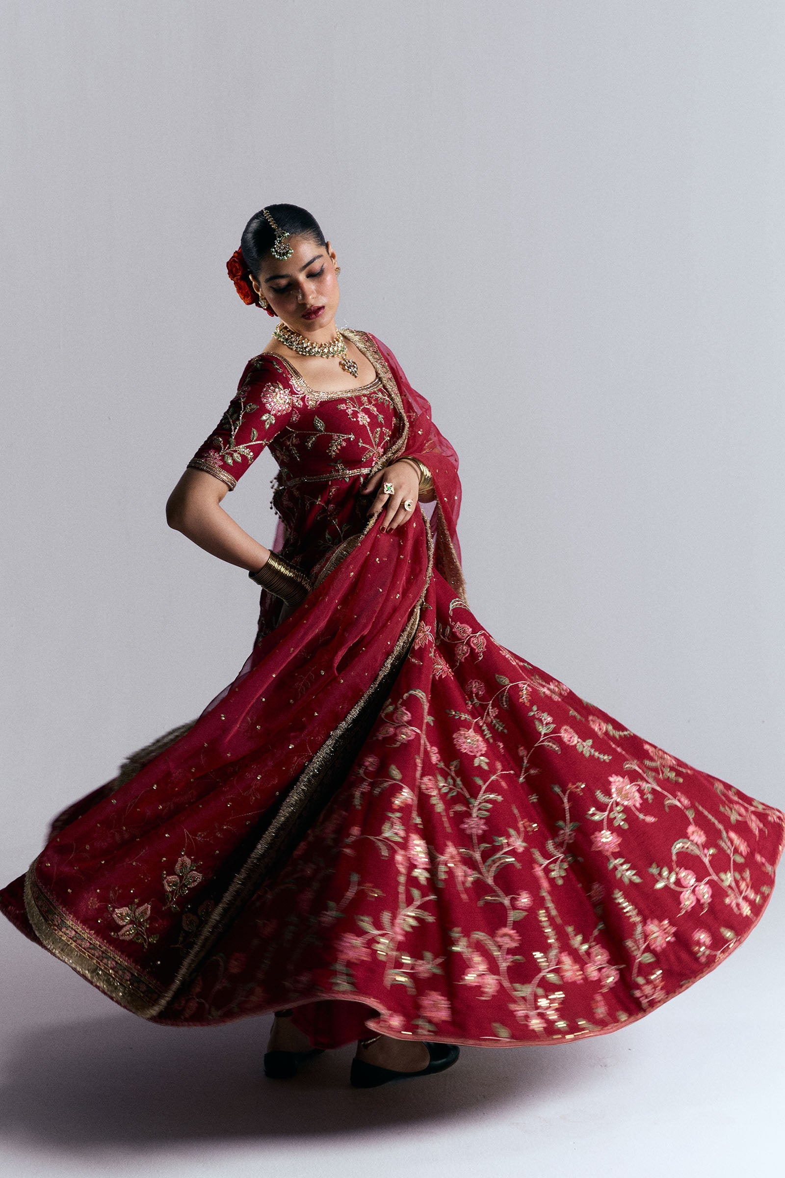 Deep Red Embroidered Korean Raw Silk Pishwas (3-Piece) - Image 5