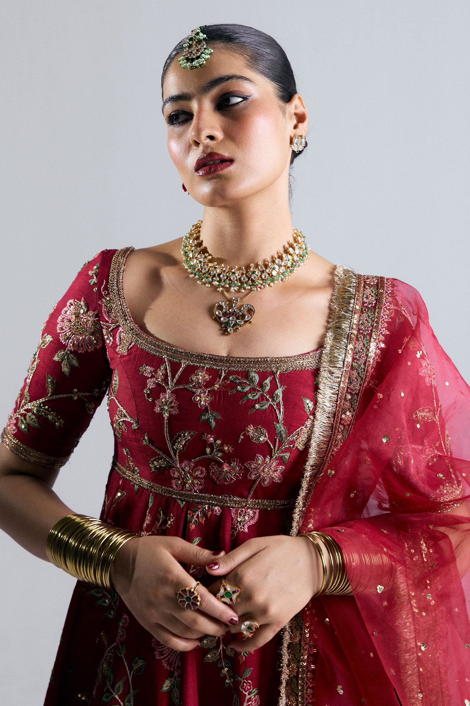 Deep Red Embroidered Korean Raw Silk Pishwas (3-Piece) - Image 6