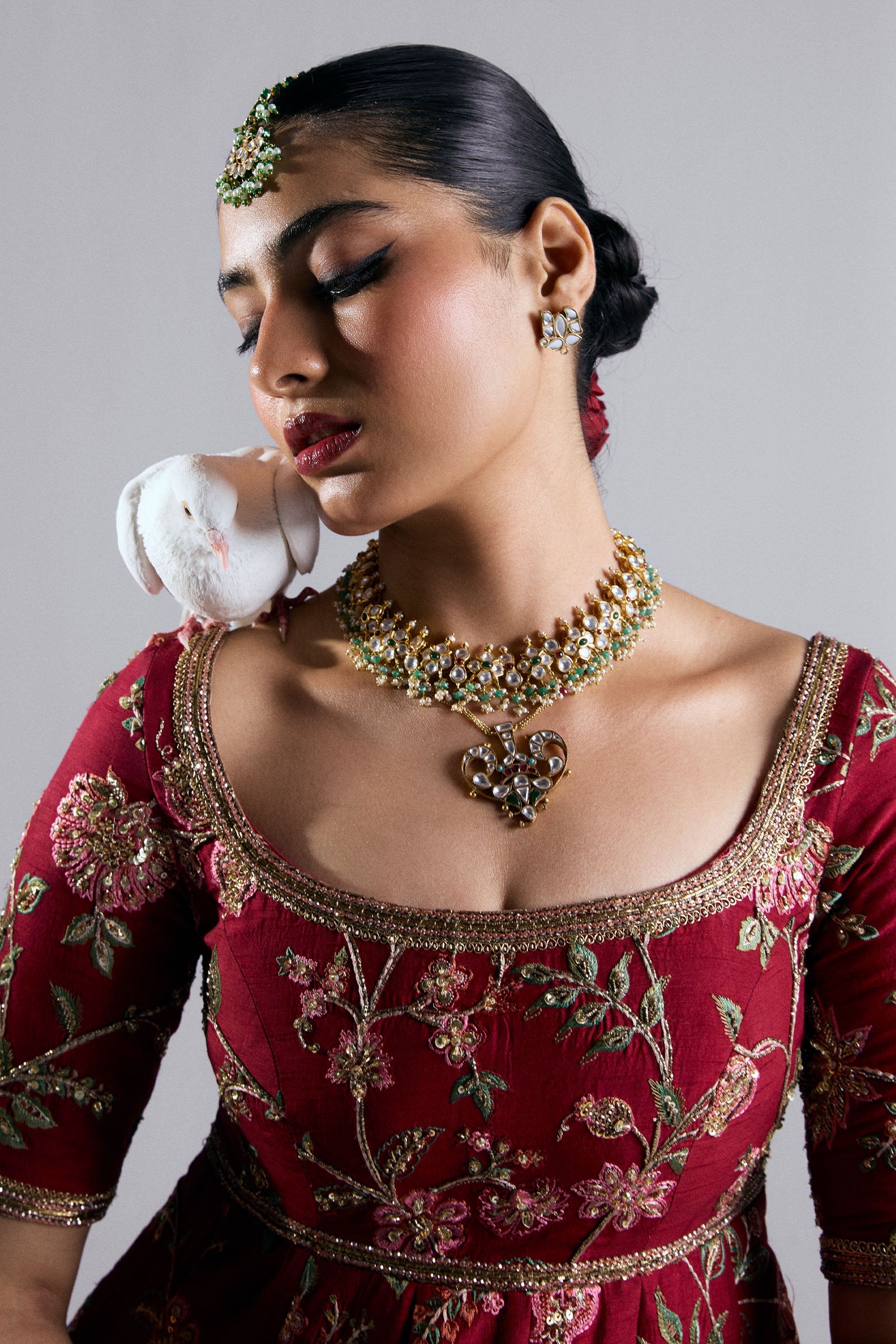 Deep Red Embroidered Korean Raw Silk Pishwas (3-Piece) - Image 7