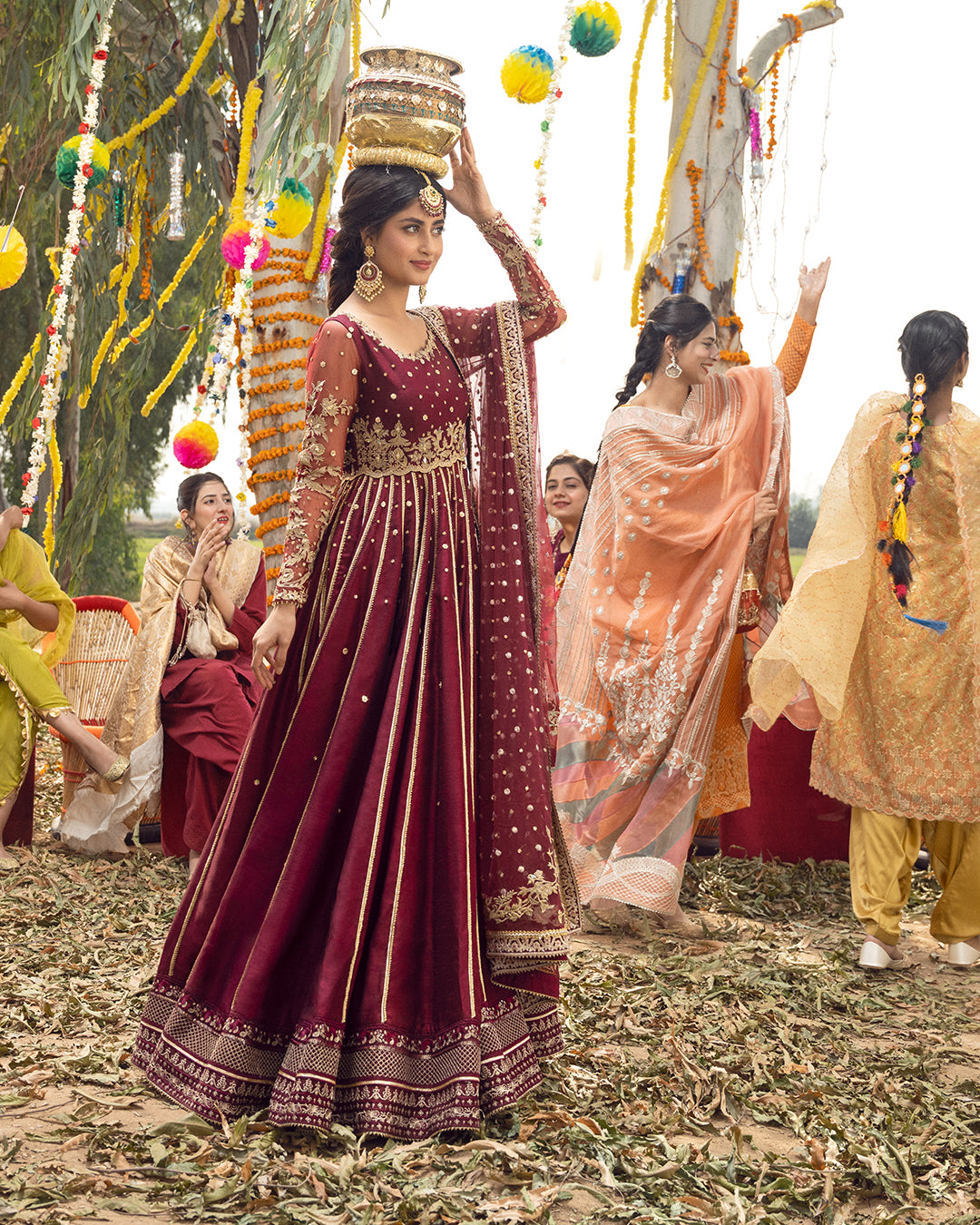 Garnet Red Embroidered Korean Raw Silk Pishwas (3-Piece) - Image 1