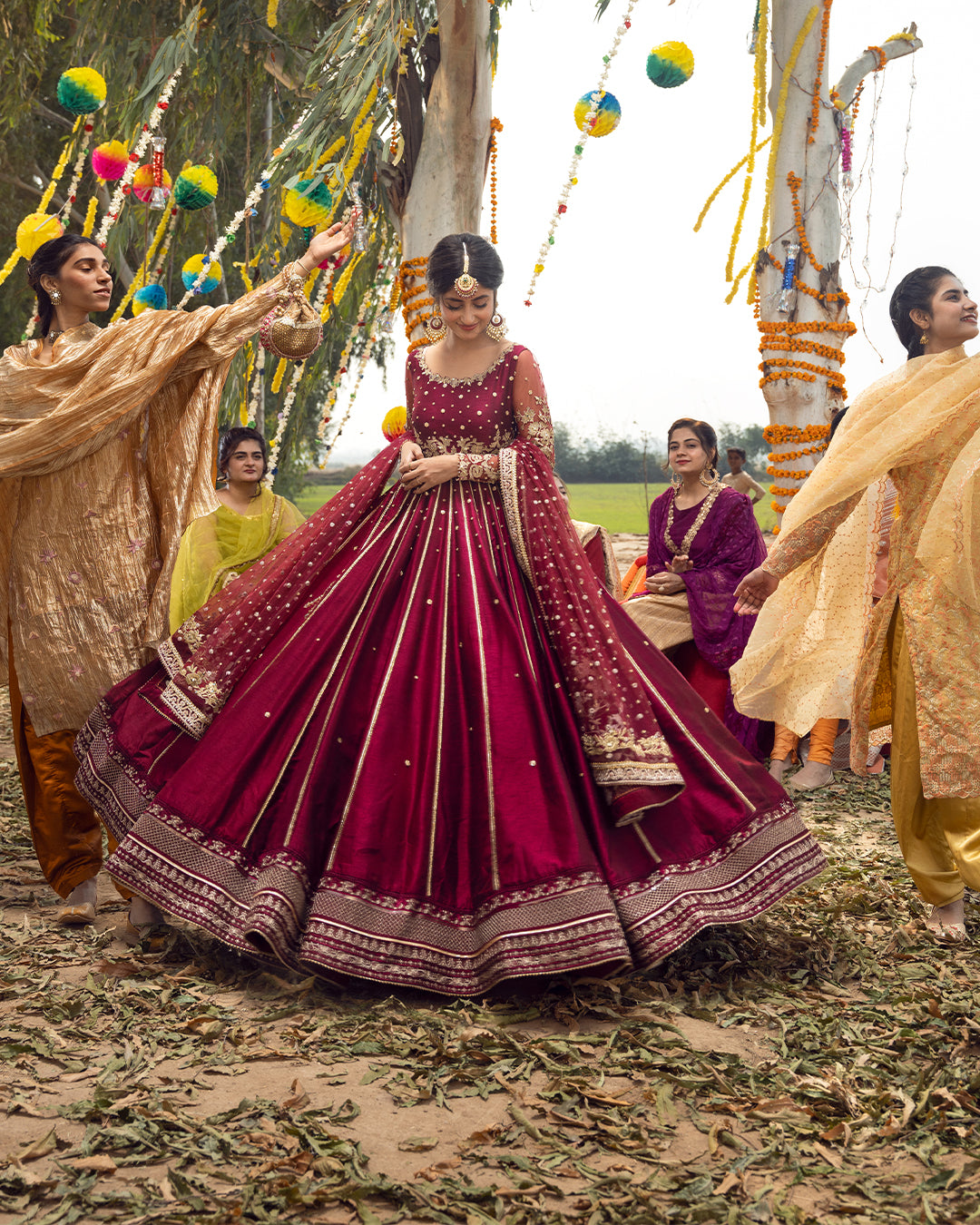 Garnet Red Embroidered Korean Raw Silk Pishwas (3-Piece) - Image 3