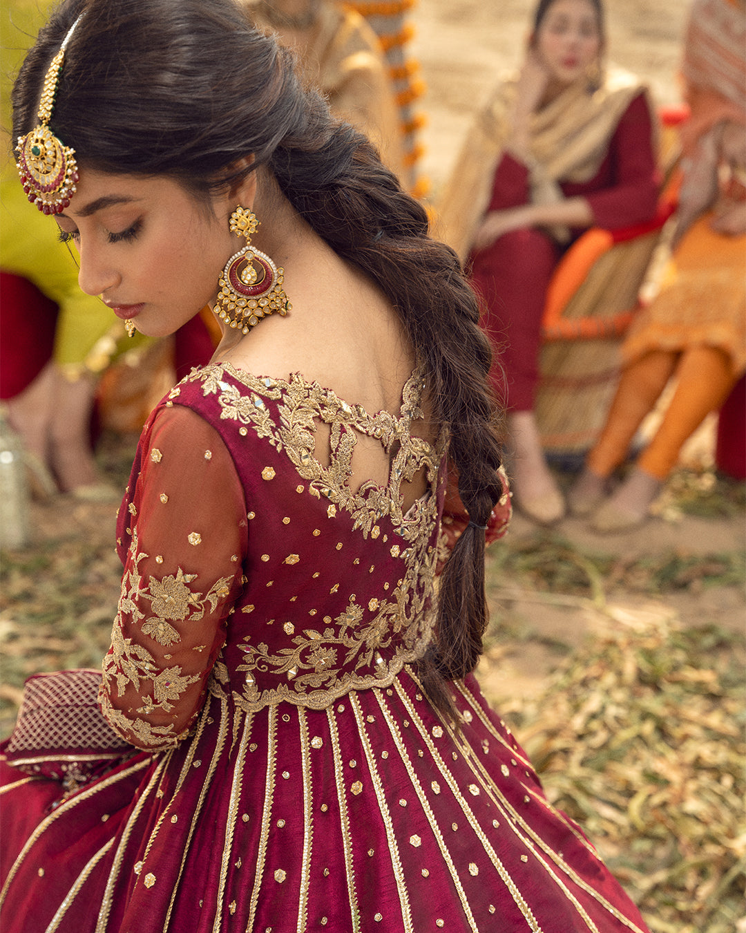 Garnet Red Embroidered Korean Raw Silk Pishwas (3-Piece) - Image 5