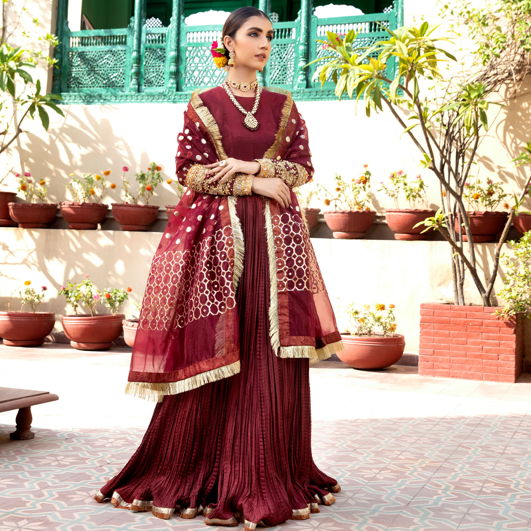 Cranberry Red Zardozi Korean Silk Pishwas (3-Piece) - Image 1