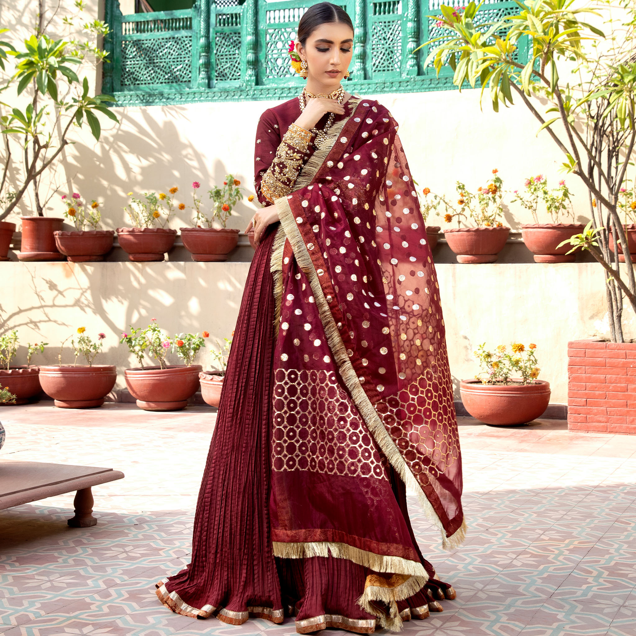 Cranberry Red Zardozi Korean Silk Pishwas (3-Piece) - Image 2