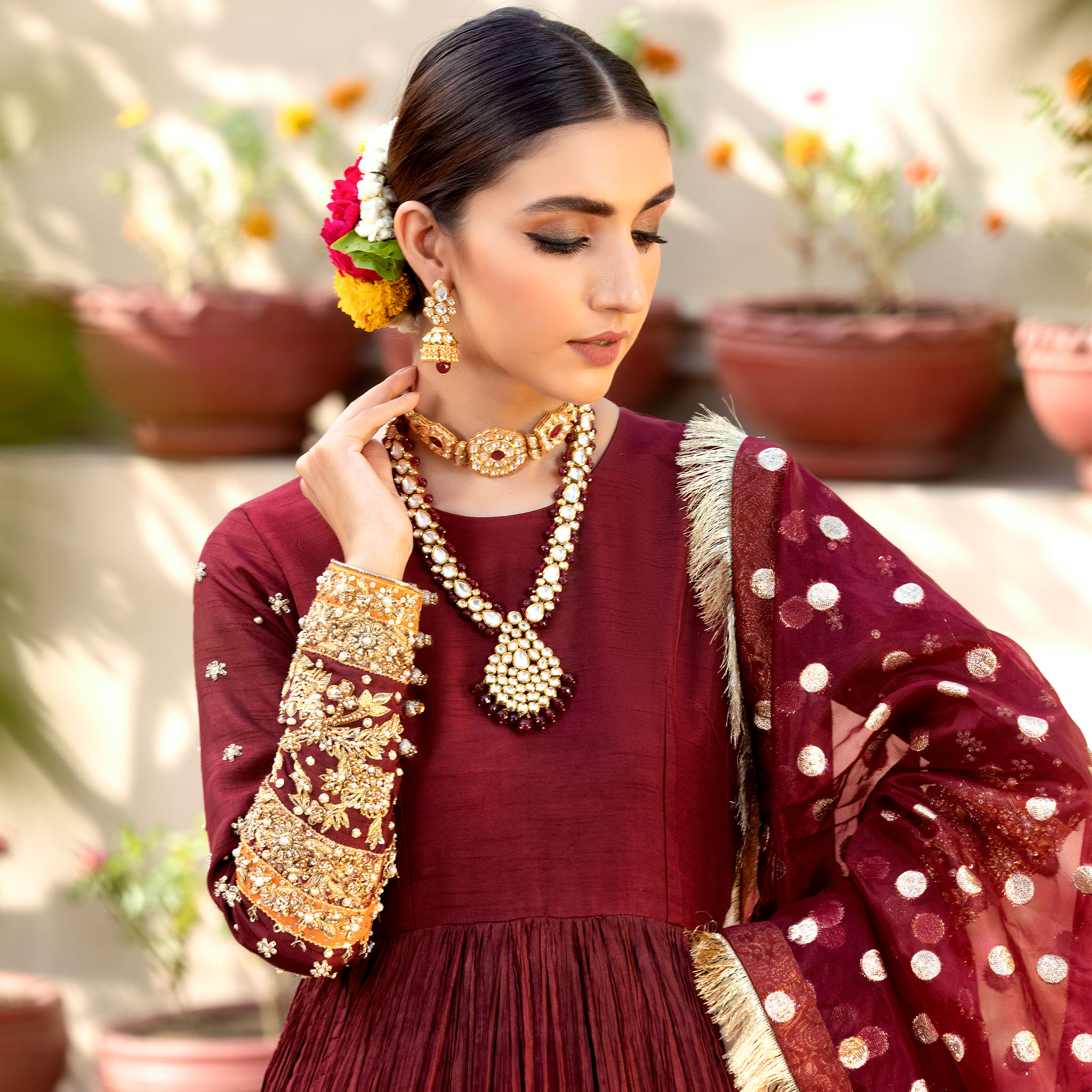 Cranberry Red Zardozi Korean Silk Pishwas (3-Piece) - Image 3