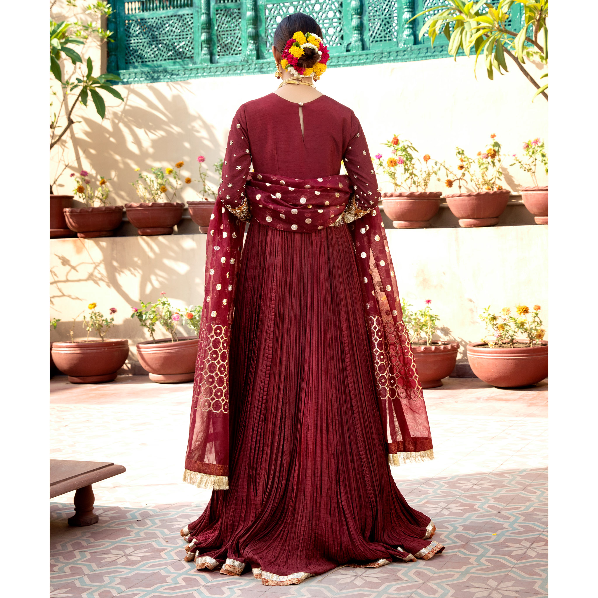 Cranberry Red Zardozi Korean Silk Pishwas (3-Piece) - Image 4