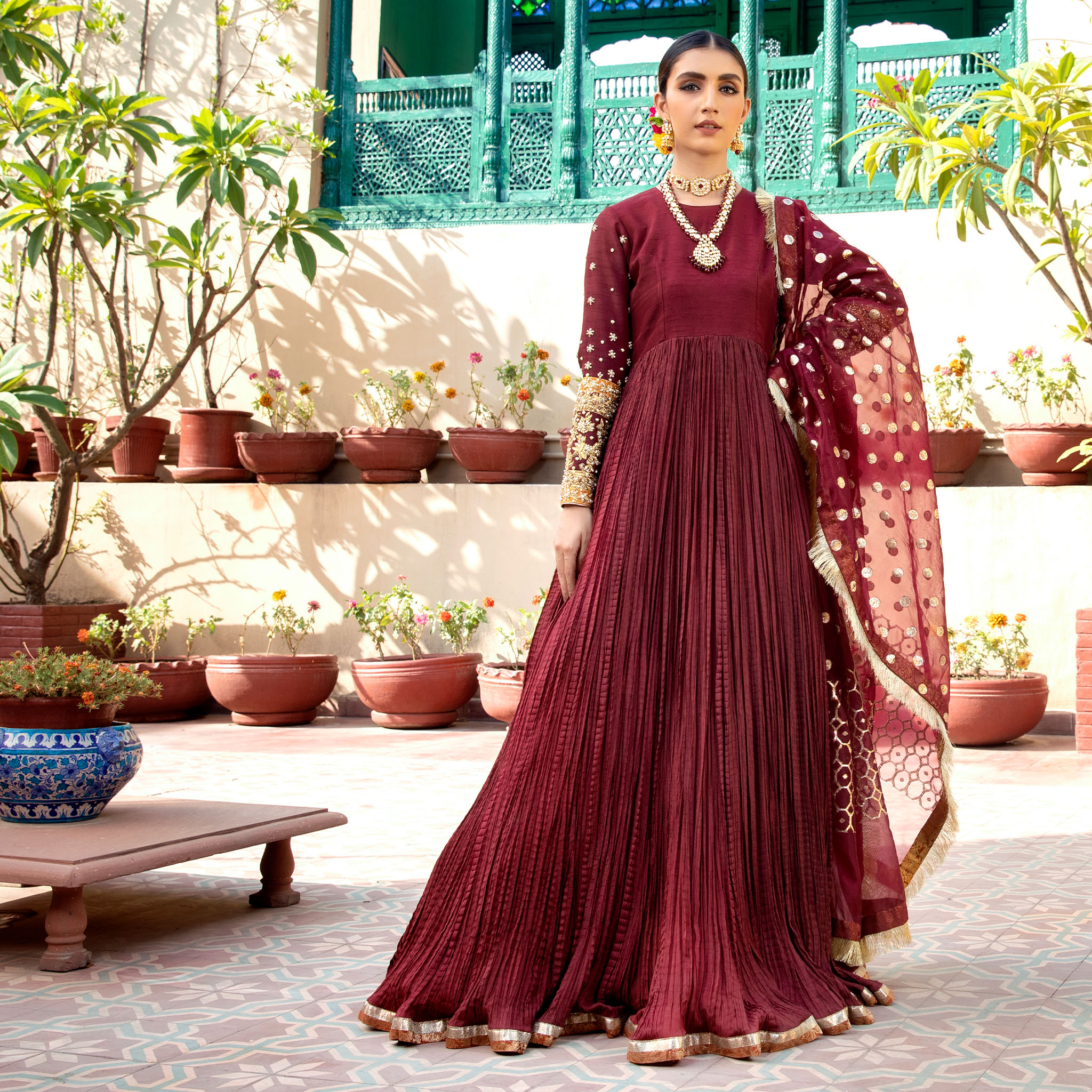 Cranberry Red Zardozi Korean Silk Pishwas (3-Piece) - Image 5