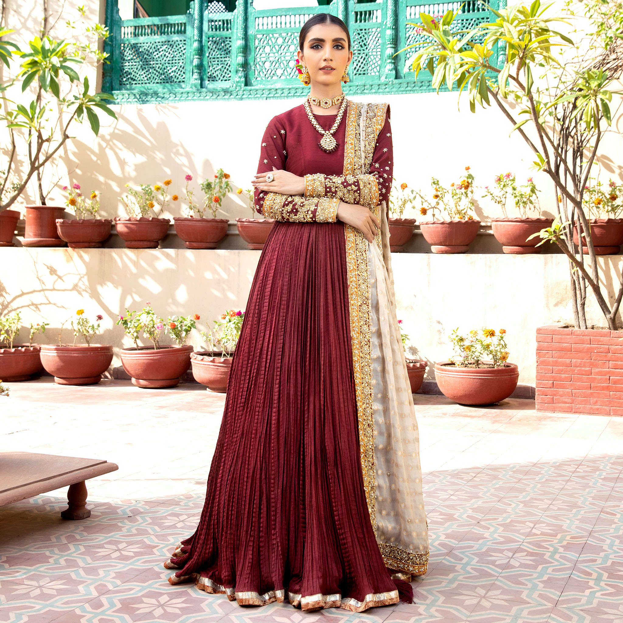 Pakistani Cranberry Red Embroidered Korean Silk Pishwas (3-Piece) - Image 1