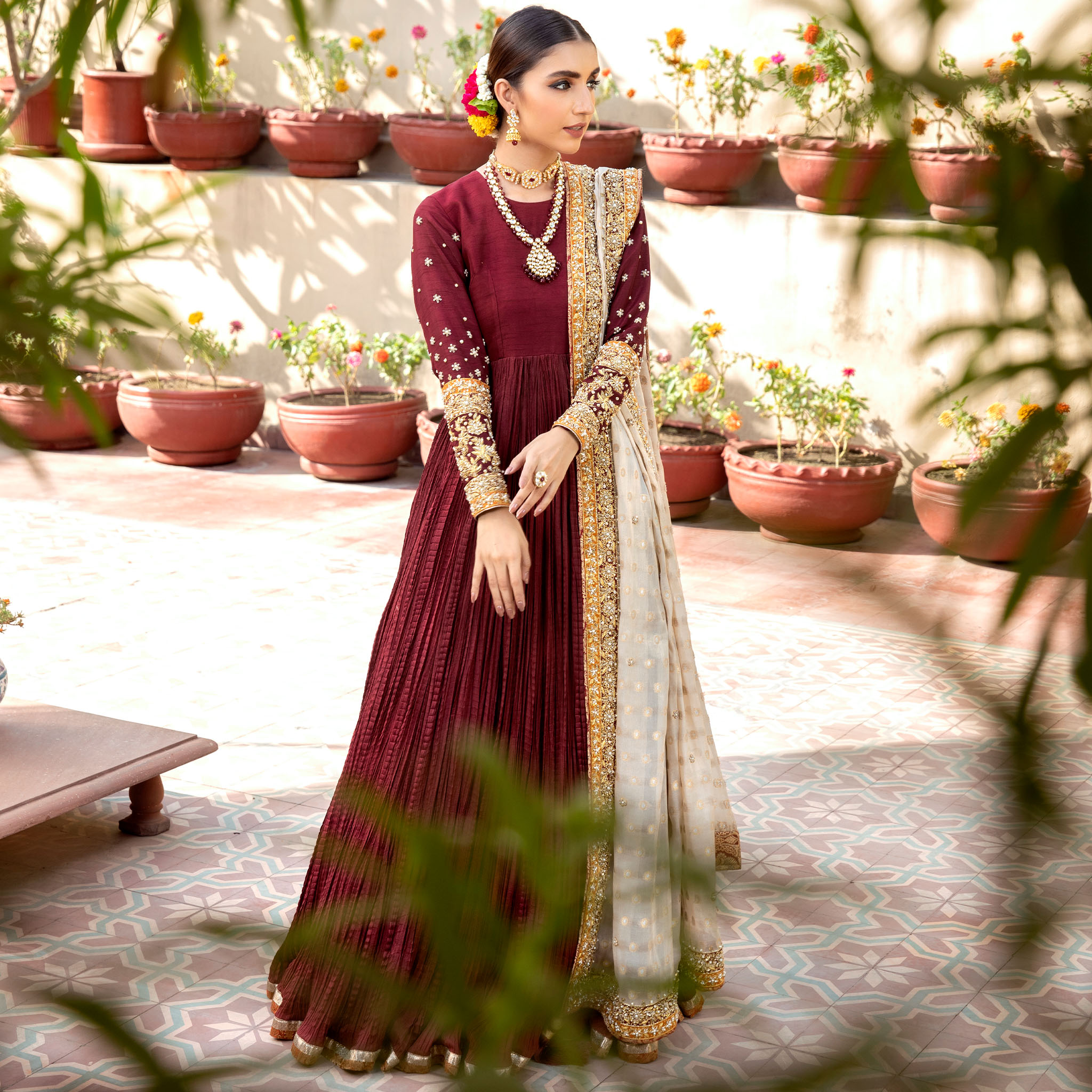 Pakistani Cranberry Red Embroidered Korean Silk Pishwas (3-Piece) - Image 2