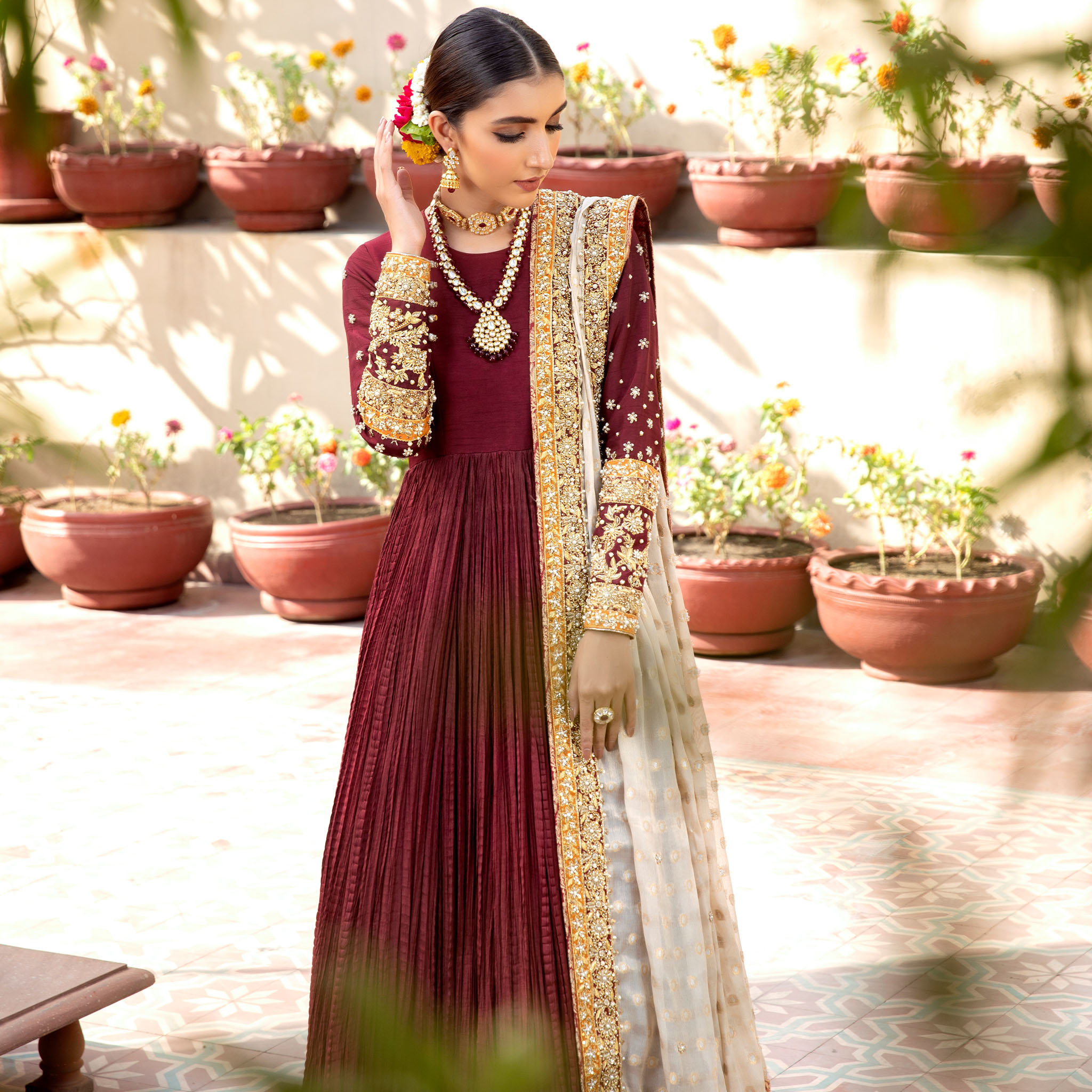 Pakistani Cranberry Red Embroidered Korean Silk Pishwas (3-Piece) - Image 3