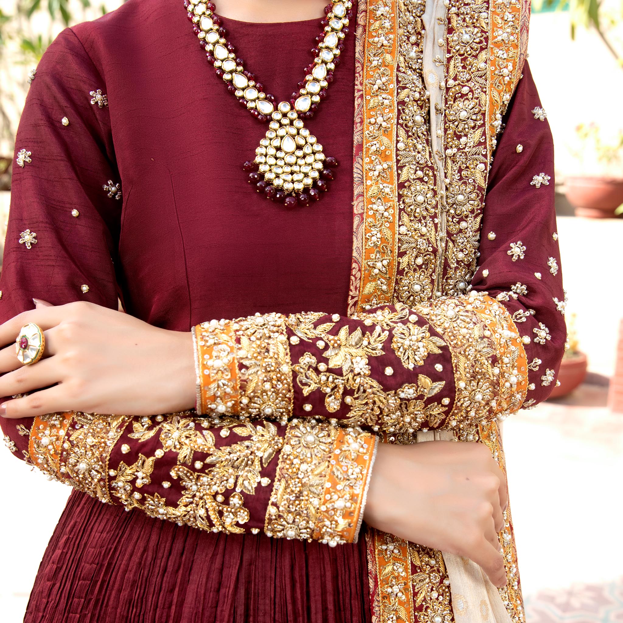 Pakistani Cranberry Red Embroidered Korean Silk Pishwas (3-Piece) - Image 4