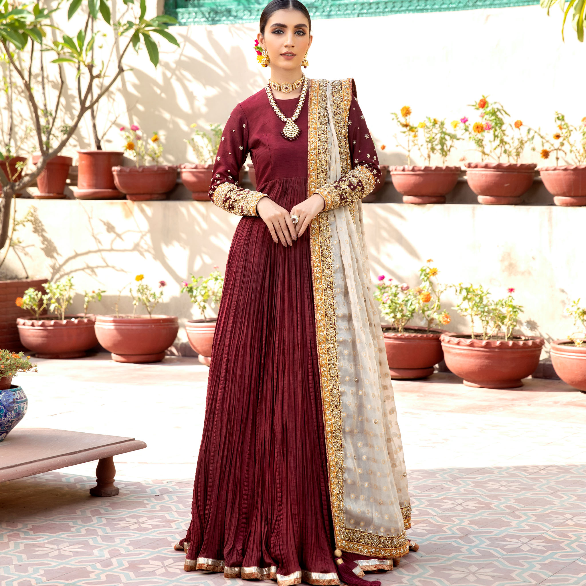 Pakistani Cranberry Red Embroidered Korean Silk Pishwas (3-Piece) - Image 5