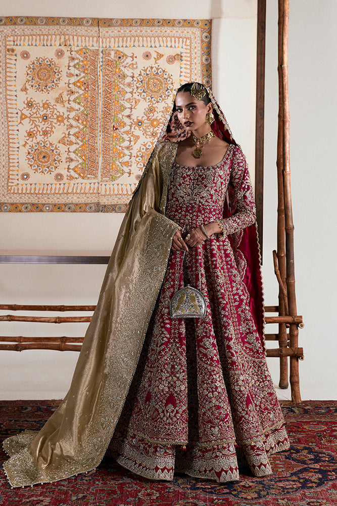 Red Tilla Embroidered Raw Silk Bridal Pishwas Set (3-Piece) - Image 2