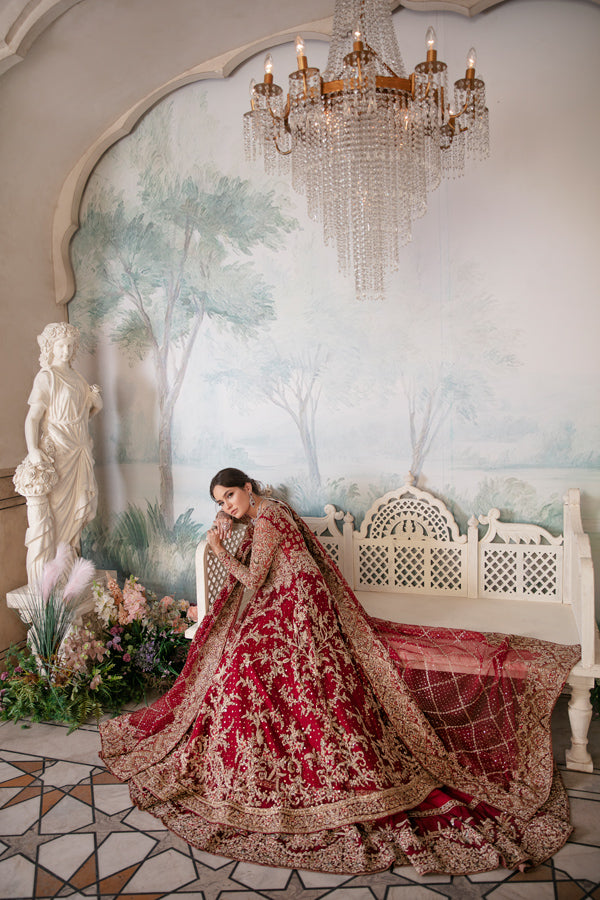 Deep Red Embroidered Net Pishwas Dress (3-Piece) - Image 4