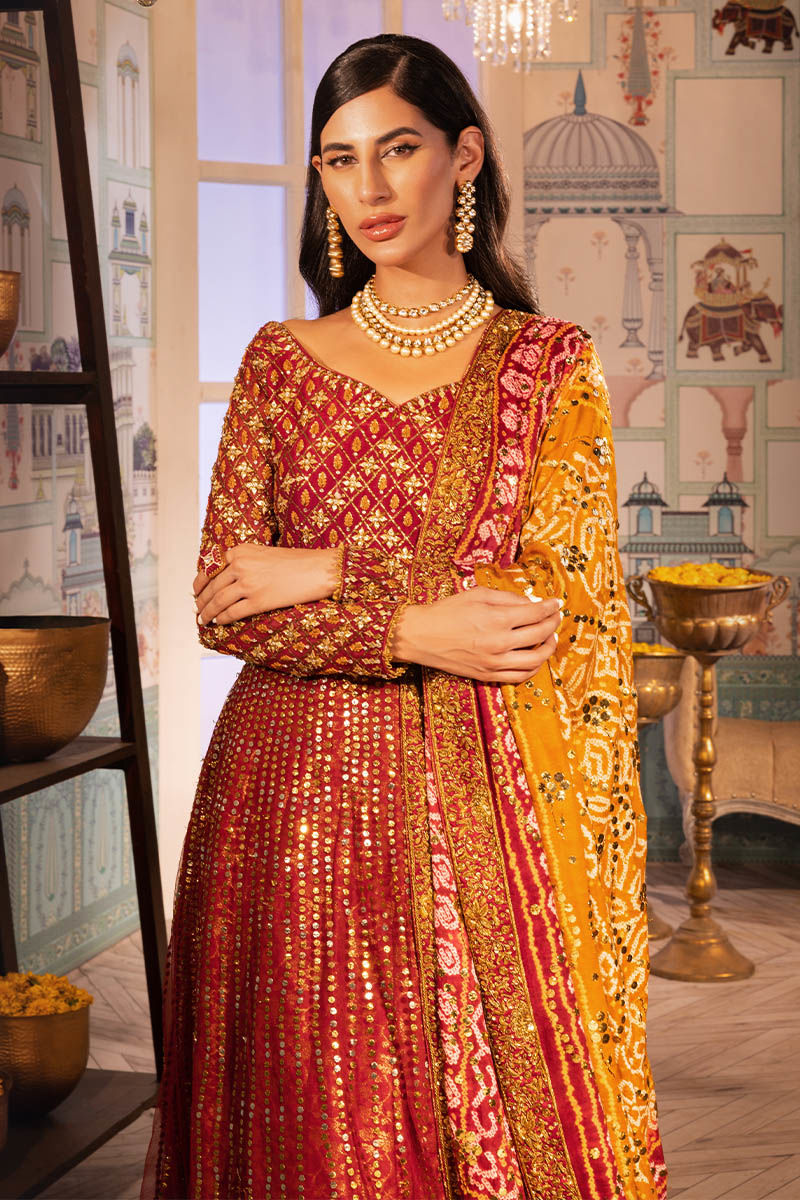 Scarlet Red Gota Kamdani Net Pishwas (3-Piece) - Image 2