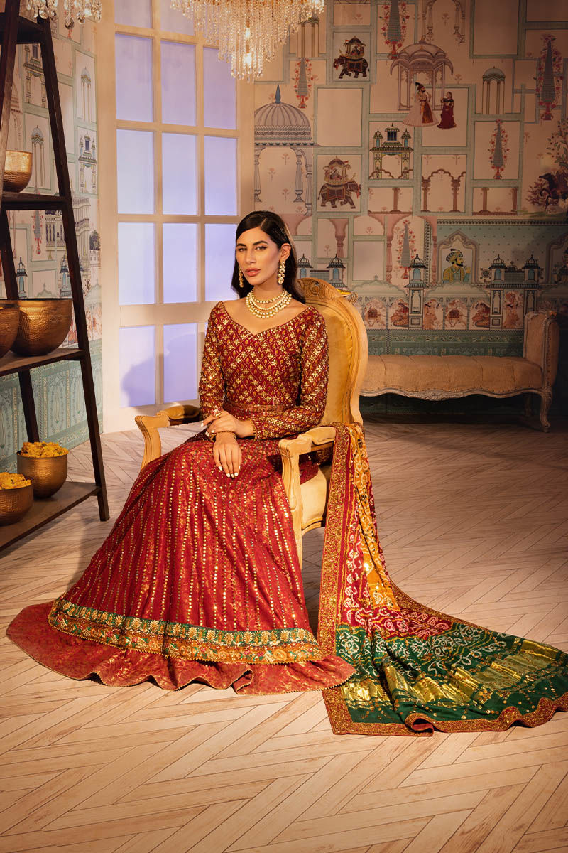 Scarlet Red Gota Kamdani Net Pishwas (3-Piece) - Image 4