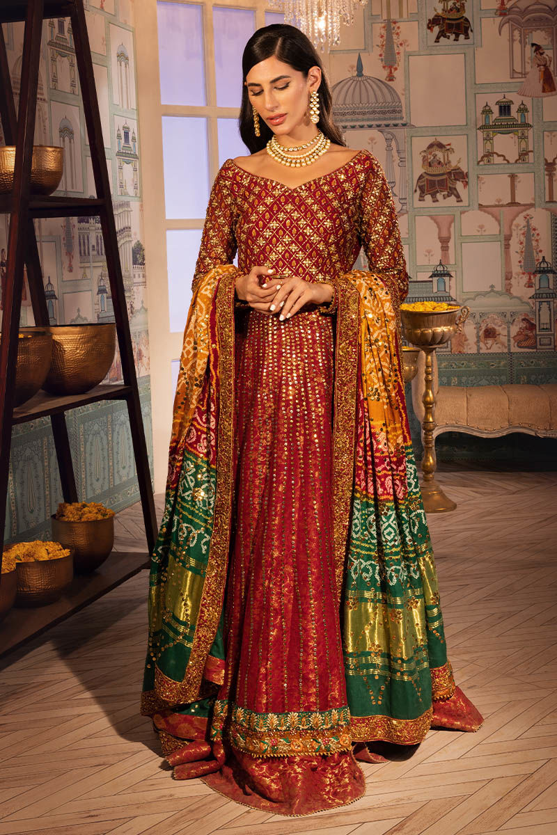 Scarlet Red Gota Kamdani Net Pishwas (3-Piece) - Image 6