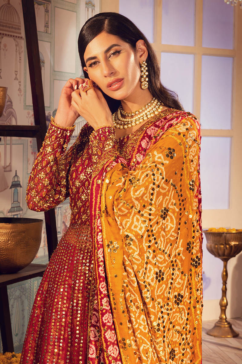 Scarlet Red Gota Kamdani Net Pishwas (3-Piece) - Image 8