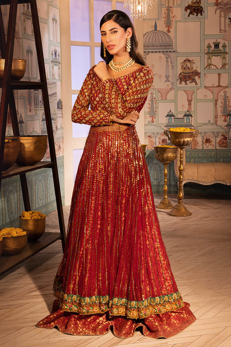 Scarlet Red Gota Kamdani Net Pishwas (3-Piece) - Image 9