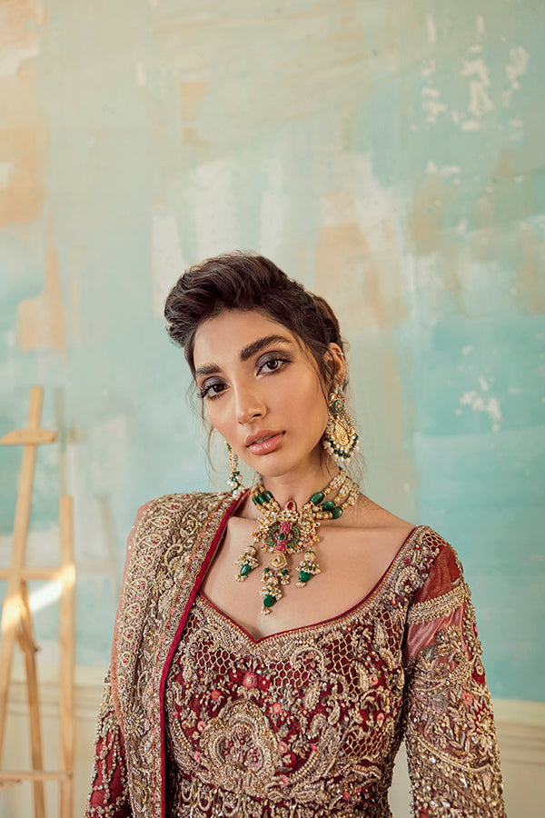 Indian Red Embroidered Net Organza Pishwas Dress (3-Piece) - Image 4