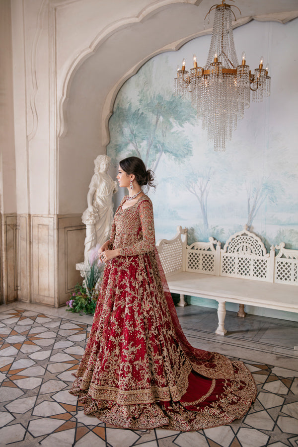 Pakistani Deep Red Embroidered Net Organza Pishwas (3-Piece) - Image 3