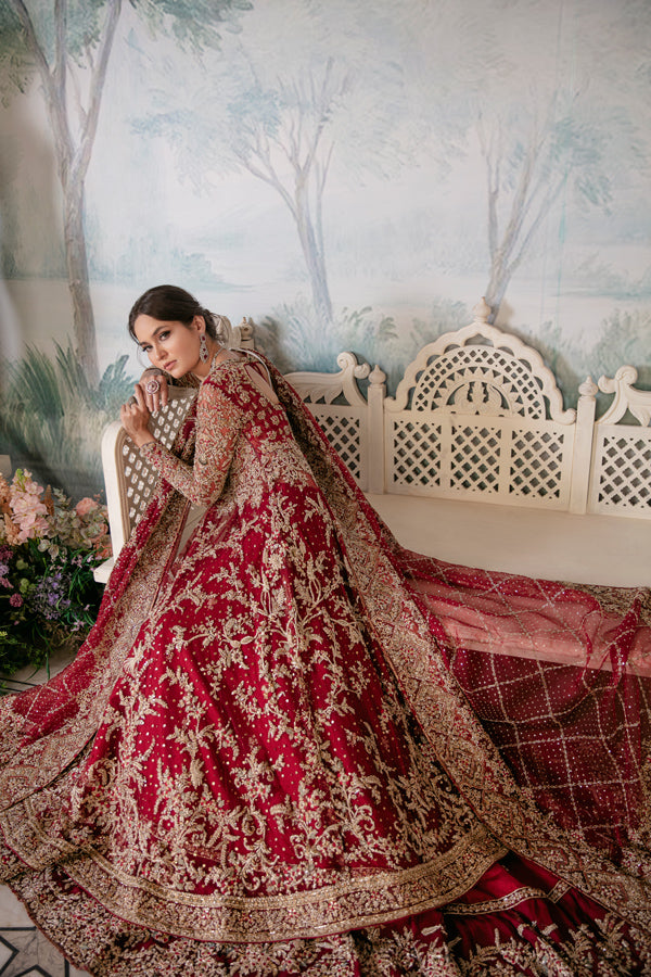 Pakistani Deep Red Embroidered Net Organza Pishwas (3-Piece) - Image 4