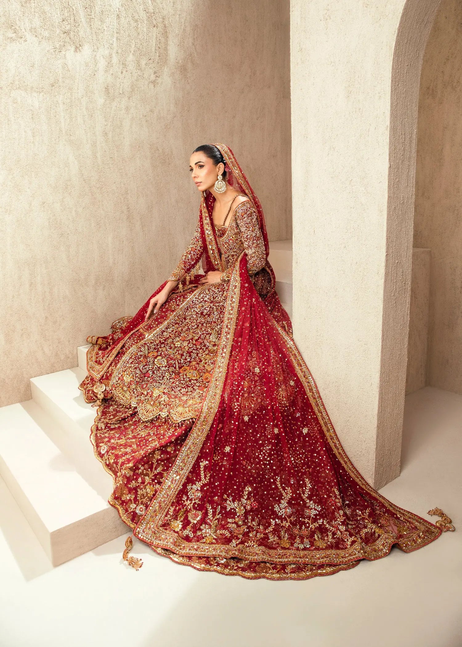 Pakistani Strawberry Red Embellished Net Bridal Pishwas (2-Piece) - Image 3