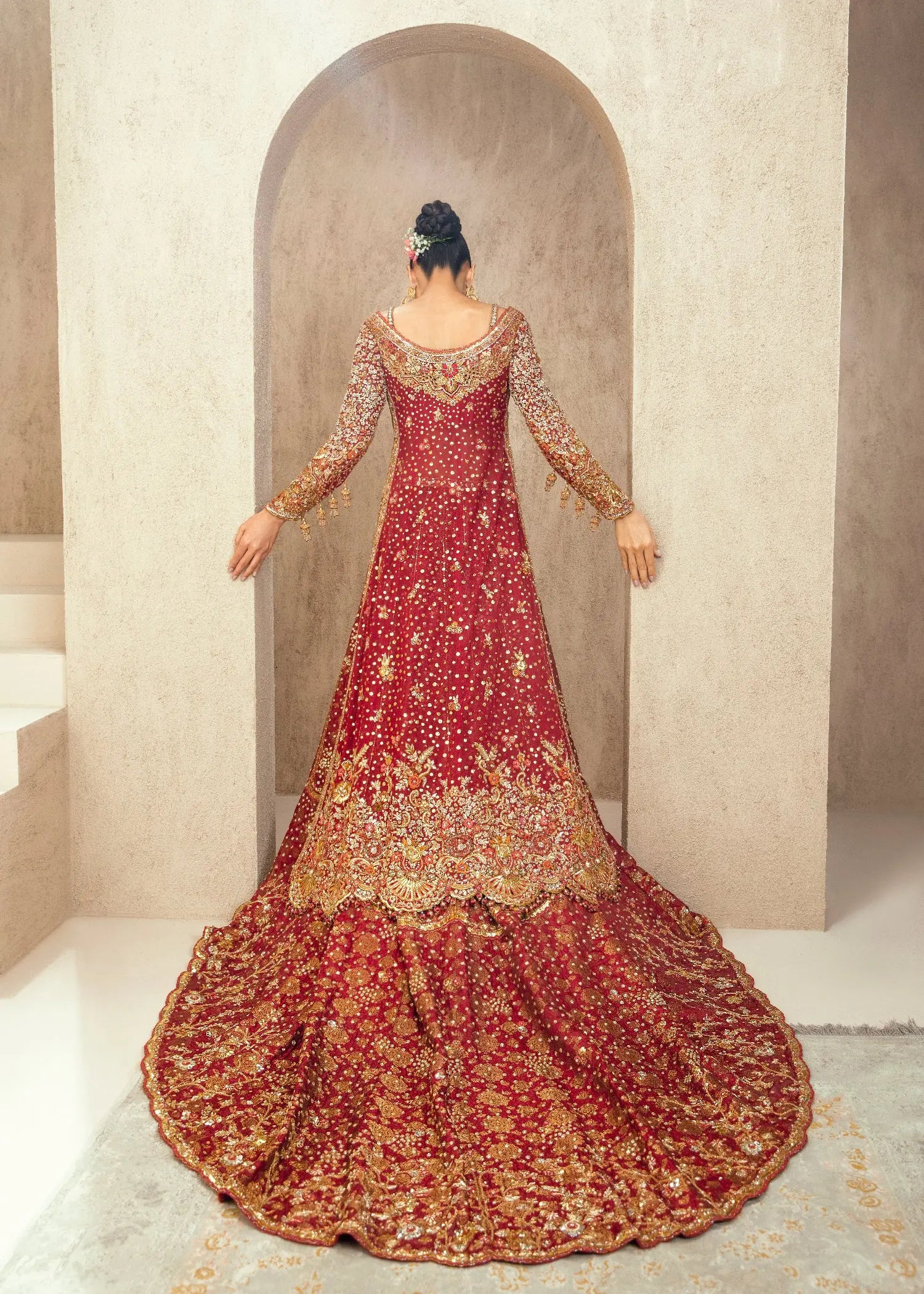 Pakistani Strawberry Red Embellished Net Bridal Pishwas (2-Piece) - Image 5