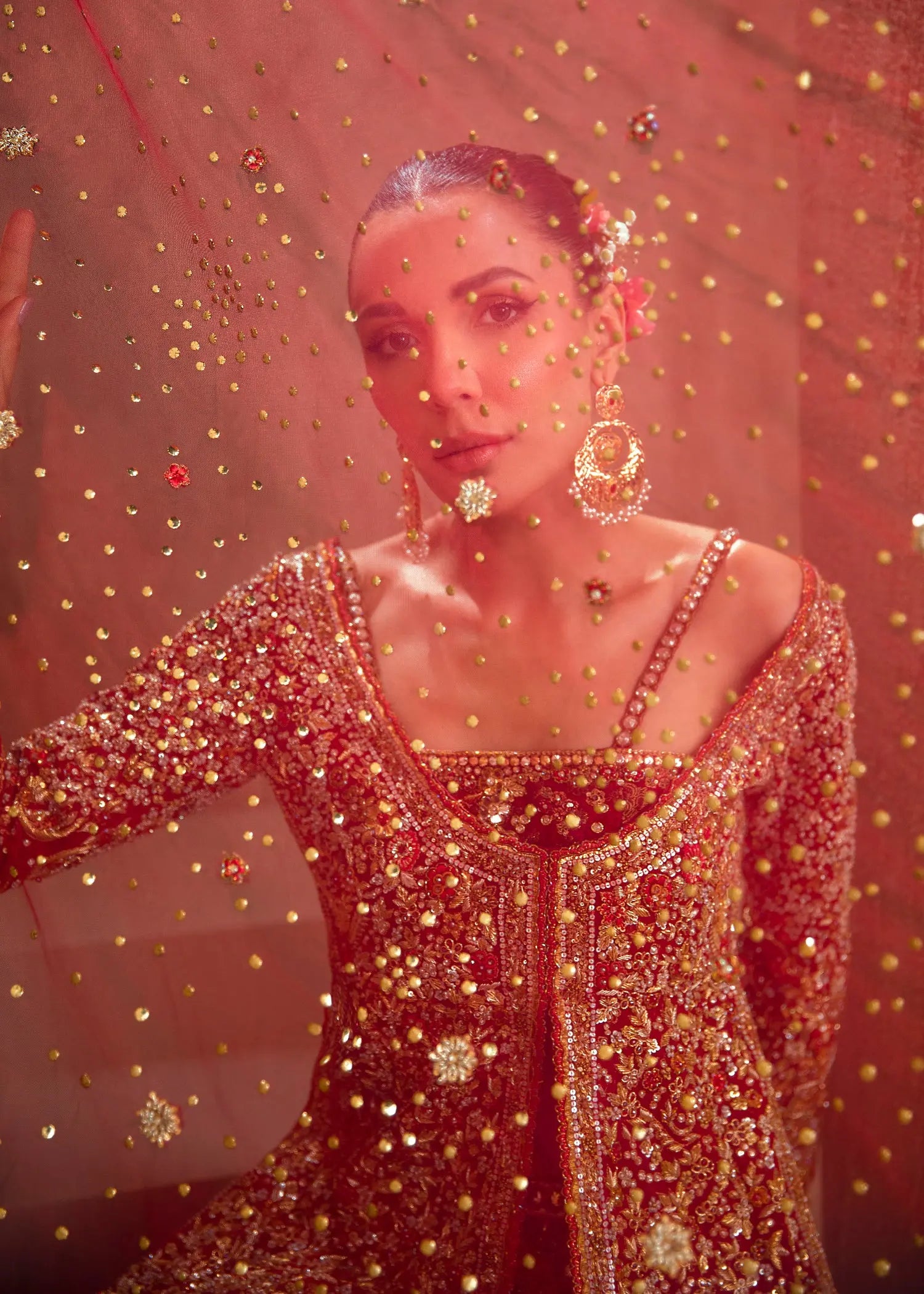 Pakistani Strawberry Red Embellished Net Bridal Pishwas (2-Piece) - Image 6