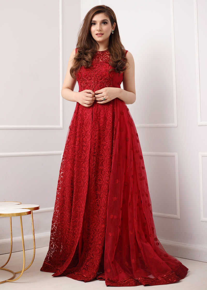 Red Embroidered Net Pishwas Dress (2-Piece) - Image 1