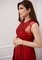 Red Embroidered Net Pishwas Dress (2-Piece) - Image 5
