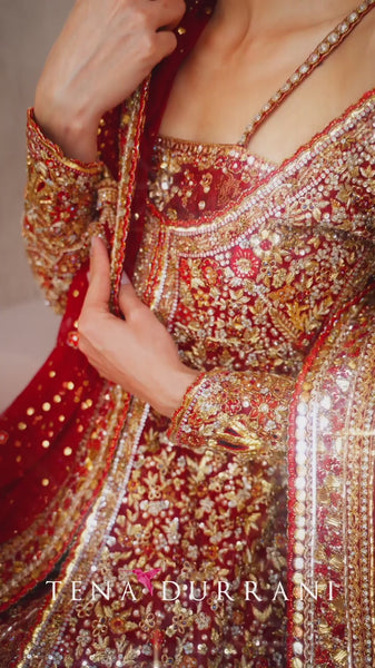 Pakistani Strawberry Red Embellished Net Pishwas Dress (2-Piece) - Image 8