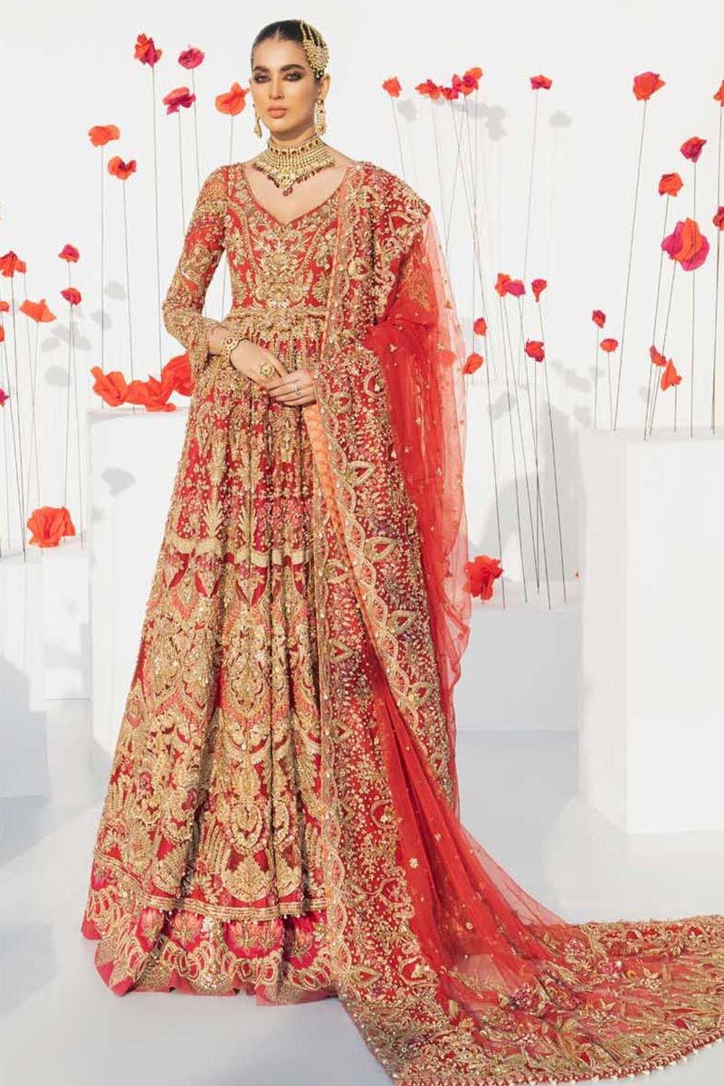 Red Embellished Net Bridal Pishwas (2-Piece) - Image 1