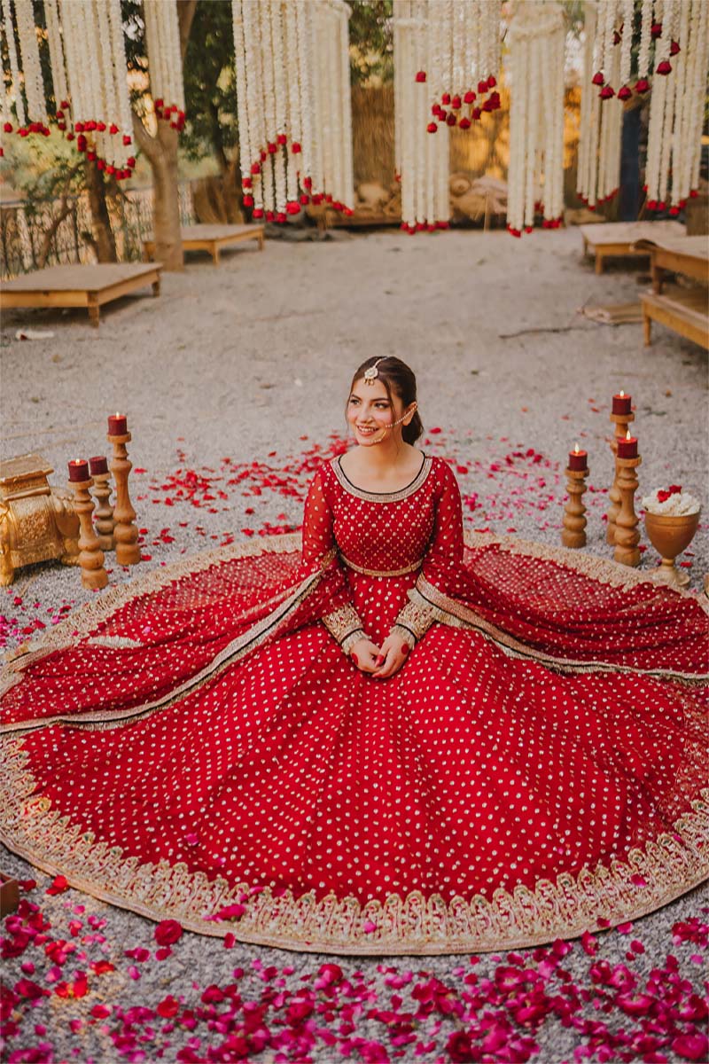 Pakistani Ruby Red Embellished Net Pishwas Dress (3-Piece) - Image 6