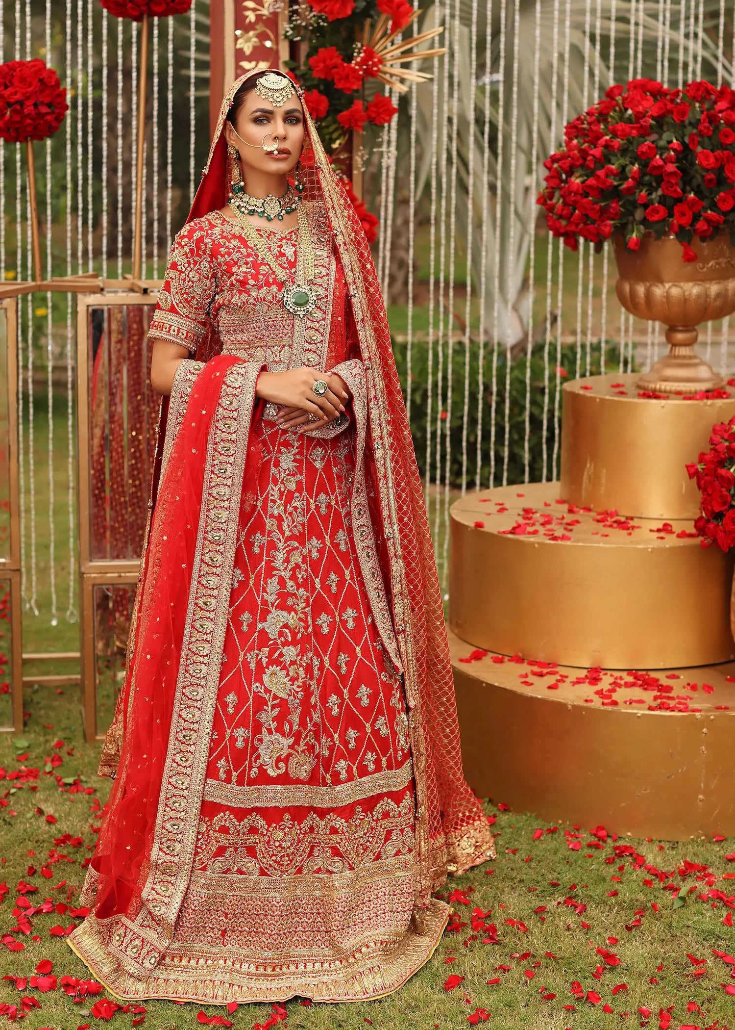 Pakistani Red Embroidered Net Bridal Pishwas (2-Piece) - Image 1