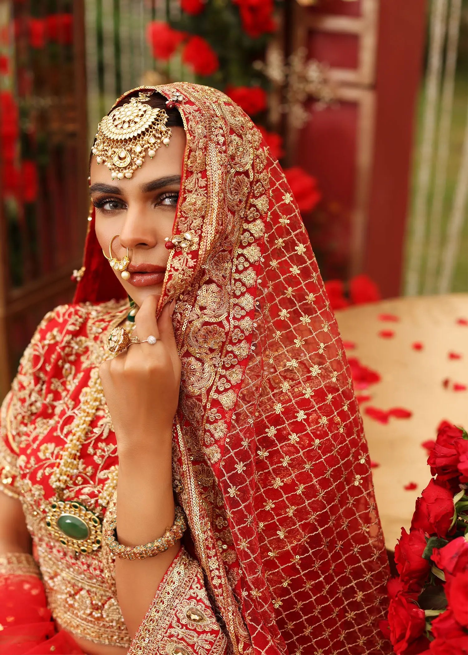 Pakistani Red Embroidered Net Bridal Pishwas (2-Piece) - Image 3