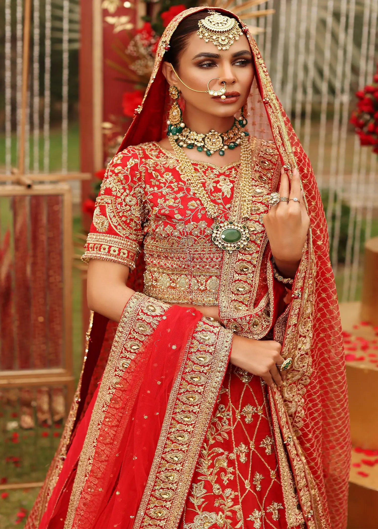 Pakistani Red Embroidered Net Bridal Pishwas (2-Piece) - Image 4