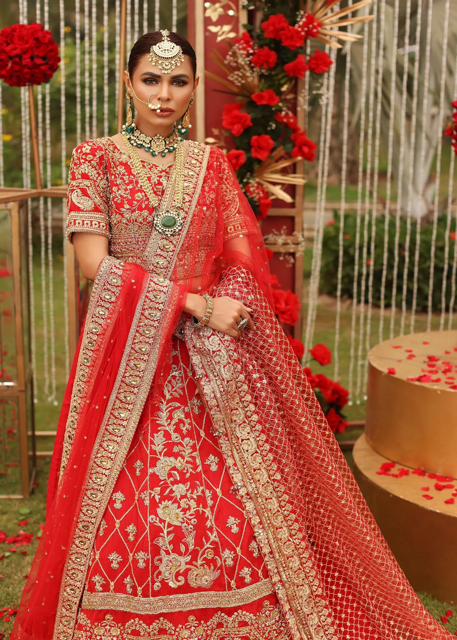 Pakistani Red Embroidered Net Bridal Pishwas (2-Piece) - Image 5