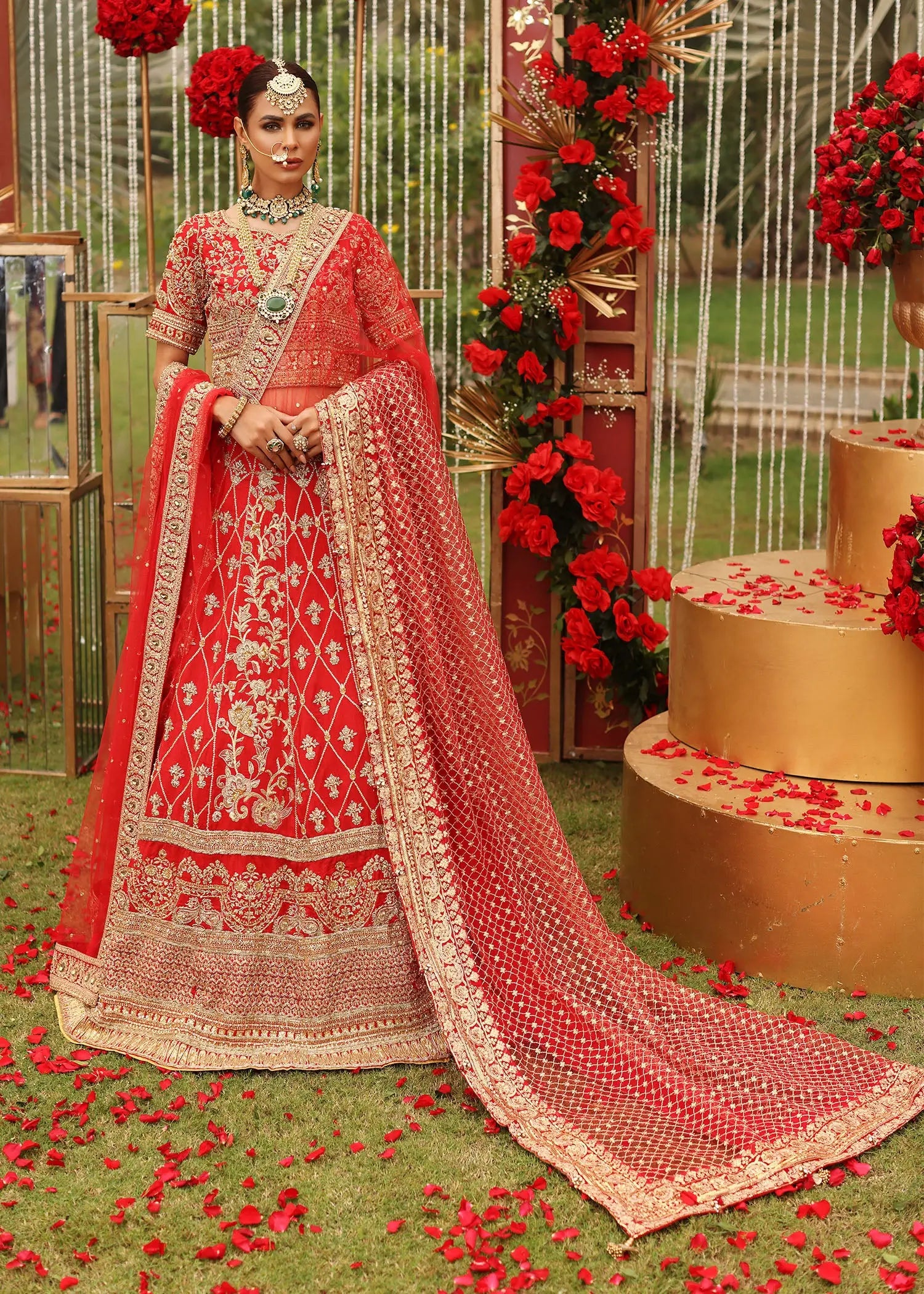 Pakistani Red Embroidered Net Bridal Pishwas (2-Piece) - Image 6