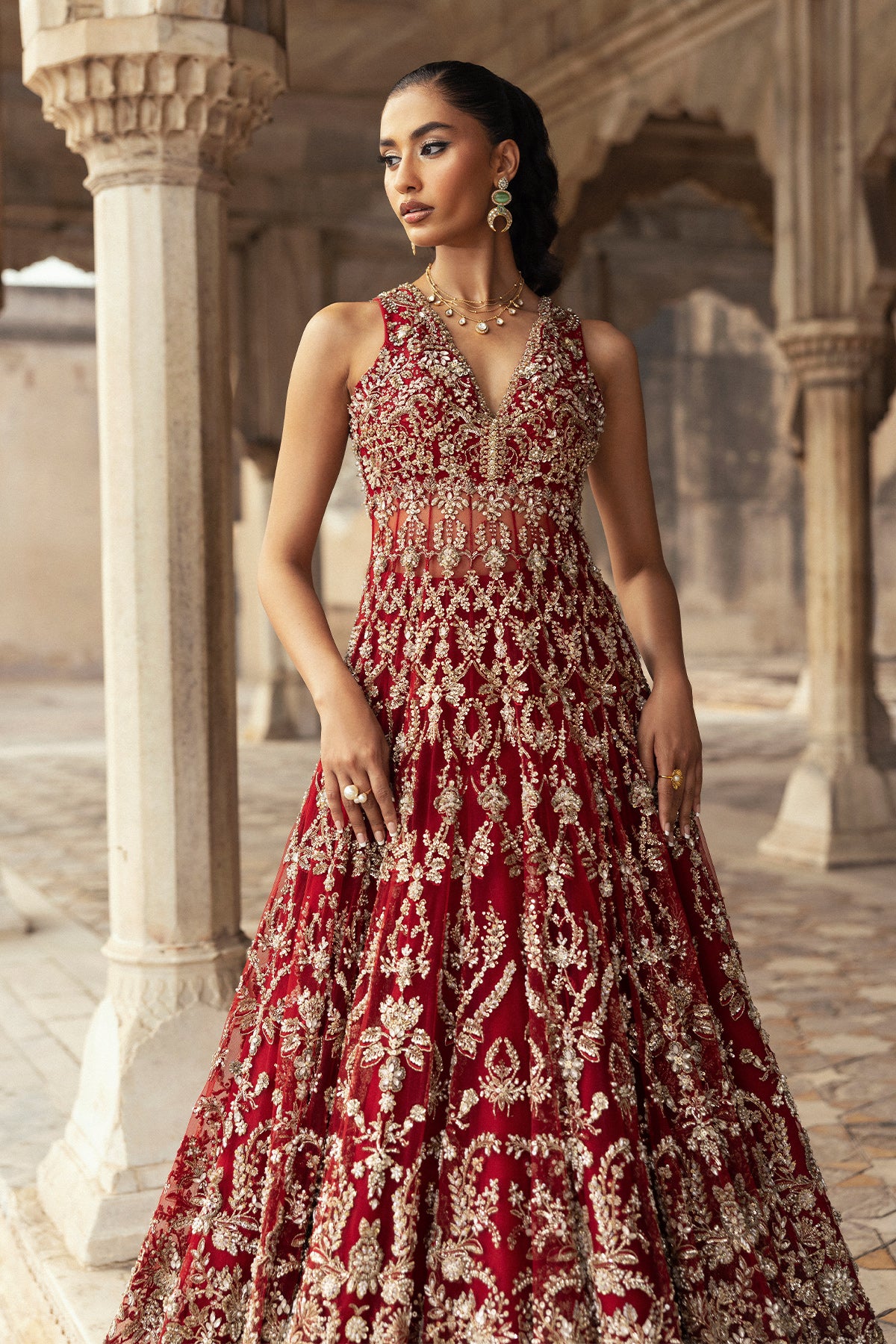 Deep Red Gold Embellished Net Pishwas (2-Piece) - Image 6