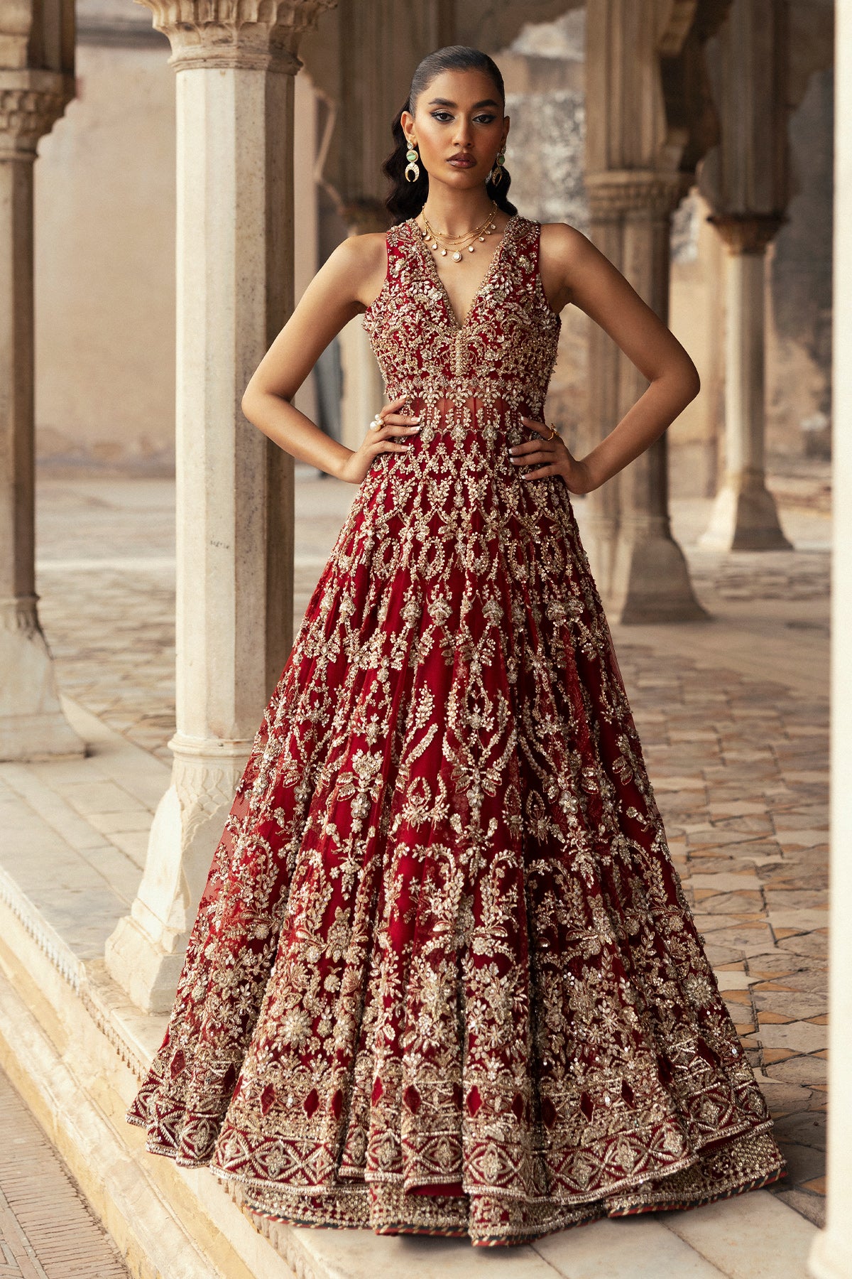 Deep Red Gold Embellished Net Pishwas (2-Piece) - Image 7