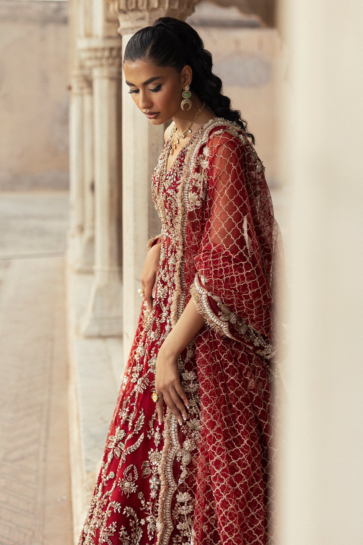 Deep Red Gold Embellished Net Pishwas (2-Piece) - Image 8