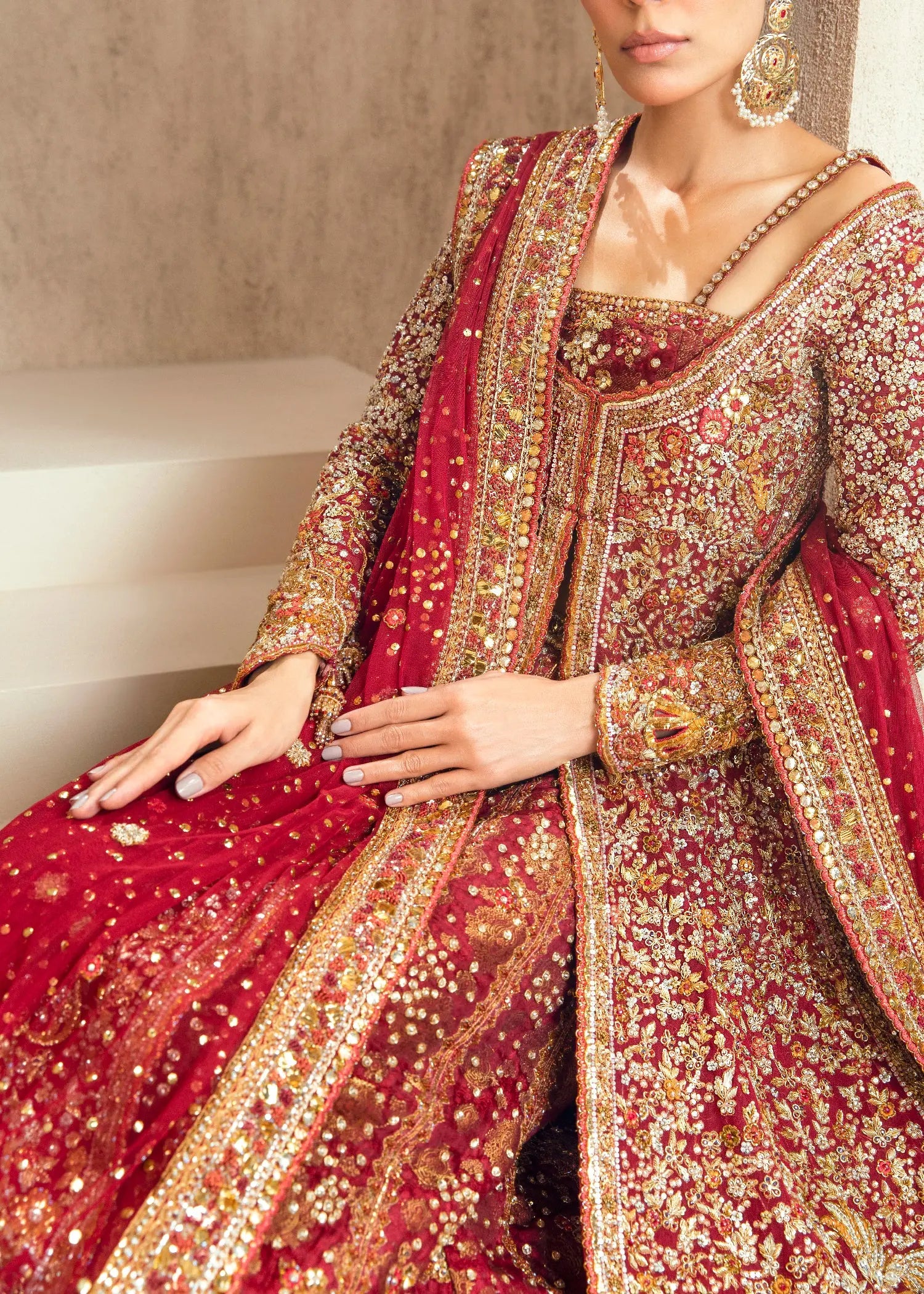 Indian Strawberry Red Zardozi Net Pishwas Dress (2-Piece) - Image 4