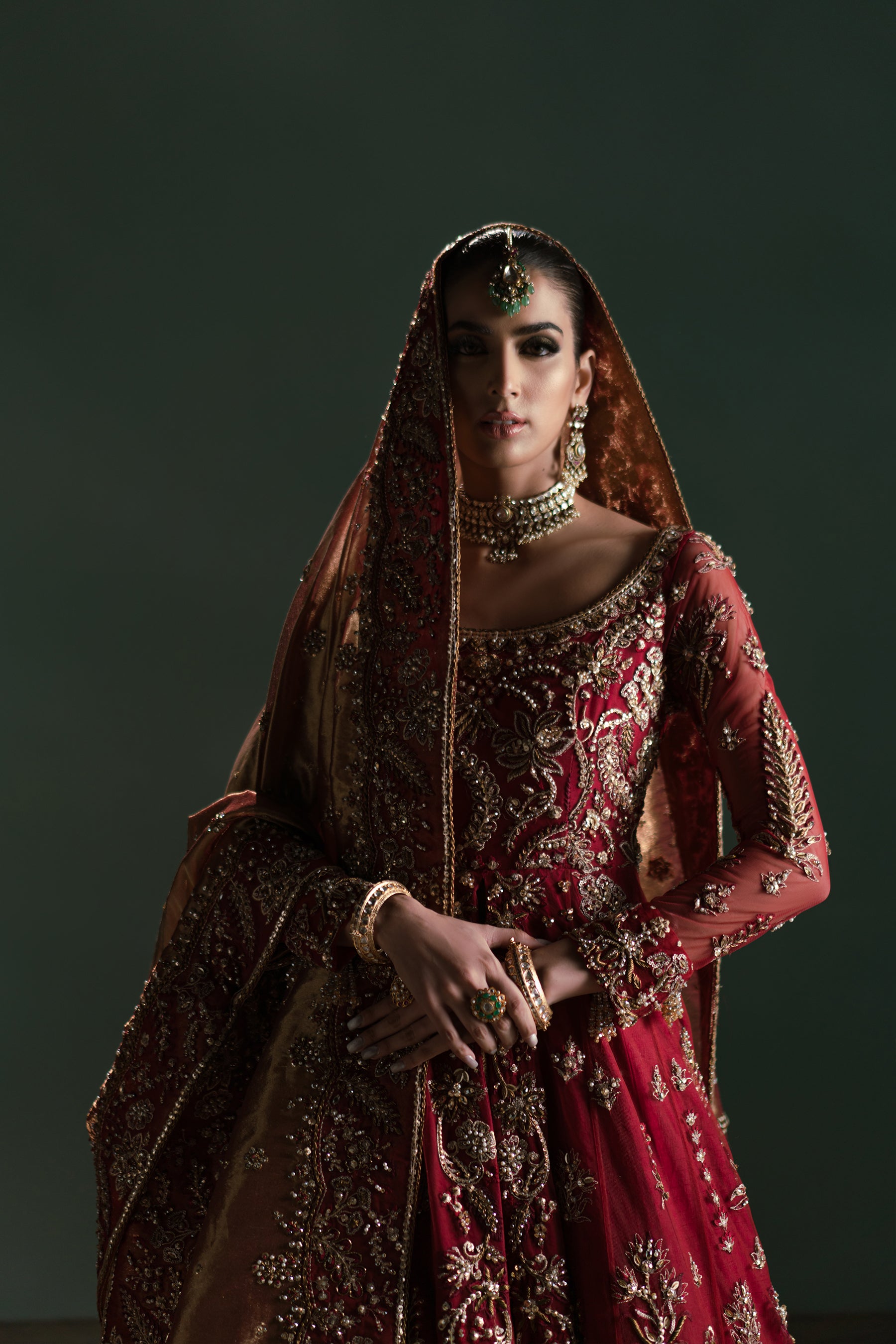 Pakistani Vermillion Red Zardozi Net Pishwas (3-Piece) - Image 2