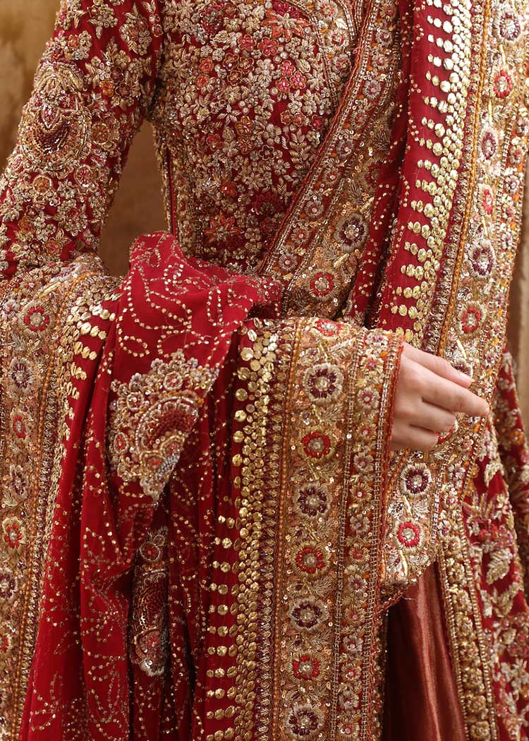 Deep Red Embroidered Net Bridal Pishwas (2-Piece) - Image 4