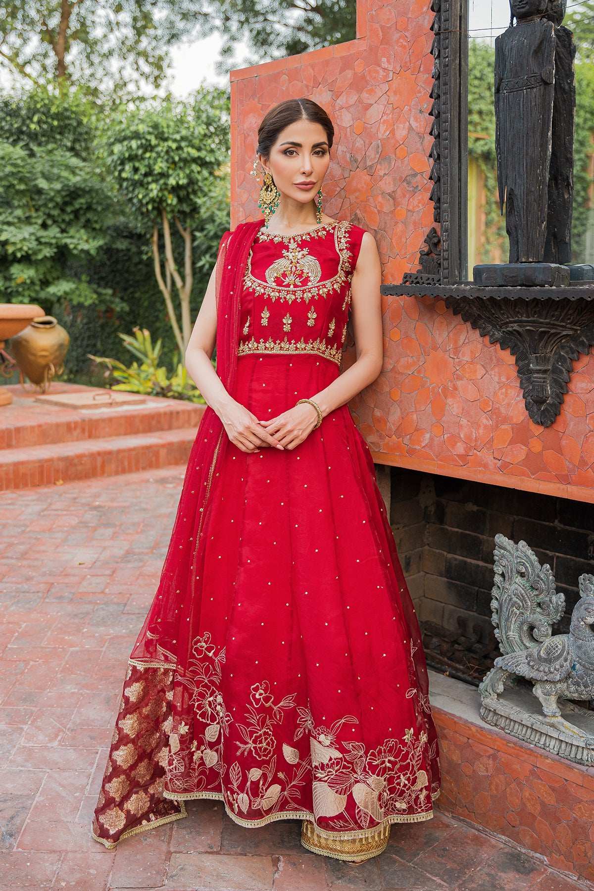 Pakistani Red Dabka & Crystal Organza Pishwas (3-Piece) - Image 1